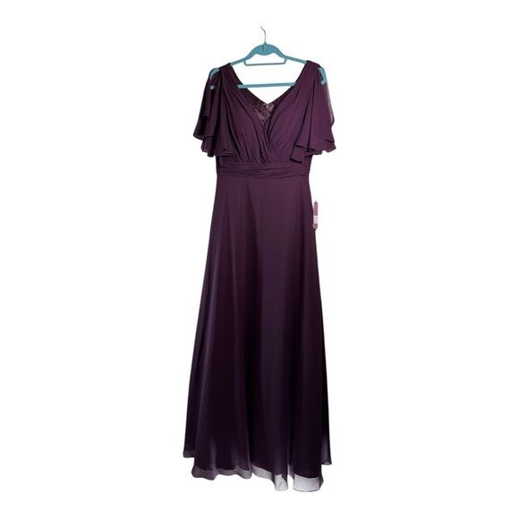 Abby Paris A-Line Sheer Chiffon V-Neck Drape Sleeves Formal Gown - Plum NWT - Picture 2 of 8